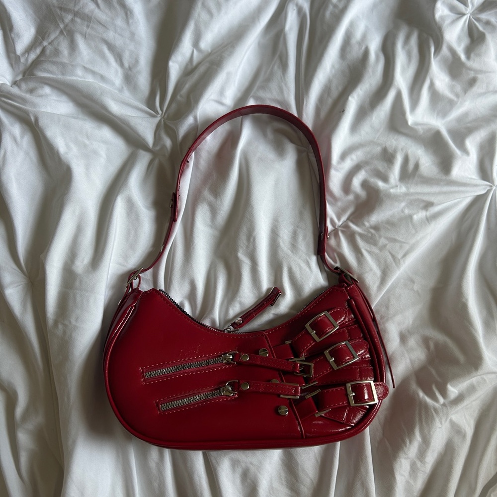 Elegant Red Women's Shoulder Bag with Buckle Details